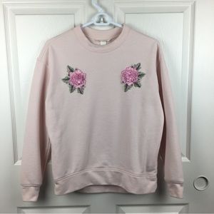 H&M Women's XS Light Pink Grandmacore Soft Floral Rose Embroidery Sweater